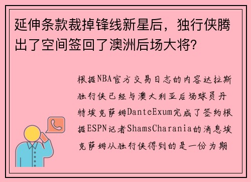 延伸条款裁掉锋线新星后，独行侠腾出了空间签回了澳洲后场大将？